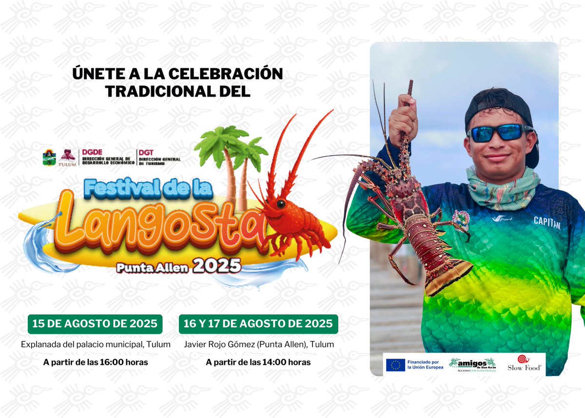 Desde ASK, los invitamos a unirse a la celebración tradicional del «Festival de la Langosta de Punta Allen 2025».🦞🌿

📅15 de agosto de 2025
📌Explanada del palacio municipal, Tulum 
🕒04:00 pm 
-
📅16 y 17  de agosto de 2025
📌Javier Rojo Gómez (Punta Allen), Tulum
🕒 02:00 pm
