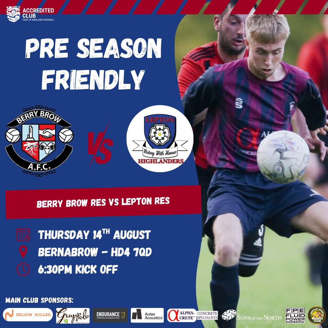 Berry Brow AFC (@berrybrowafc) on Twitter photo Thursday night football at the Bernabrow sees the reserves take on <a href="/LHighlandersFC/">Lepton Highlanders FC & CC</a> as we continue our preparations for the season ahead. All support welcome #UTB Thursday night football at the Bernabrow sees the reserves take on <a href="/LHighlandersFC/">Lepton Highlanders FC & CC</a> as we continue our preparations for the season ahead. All support welcome #UTB