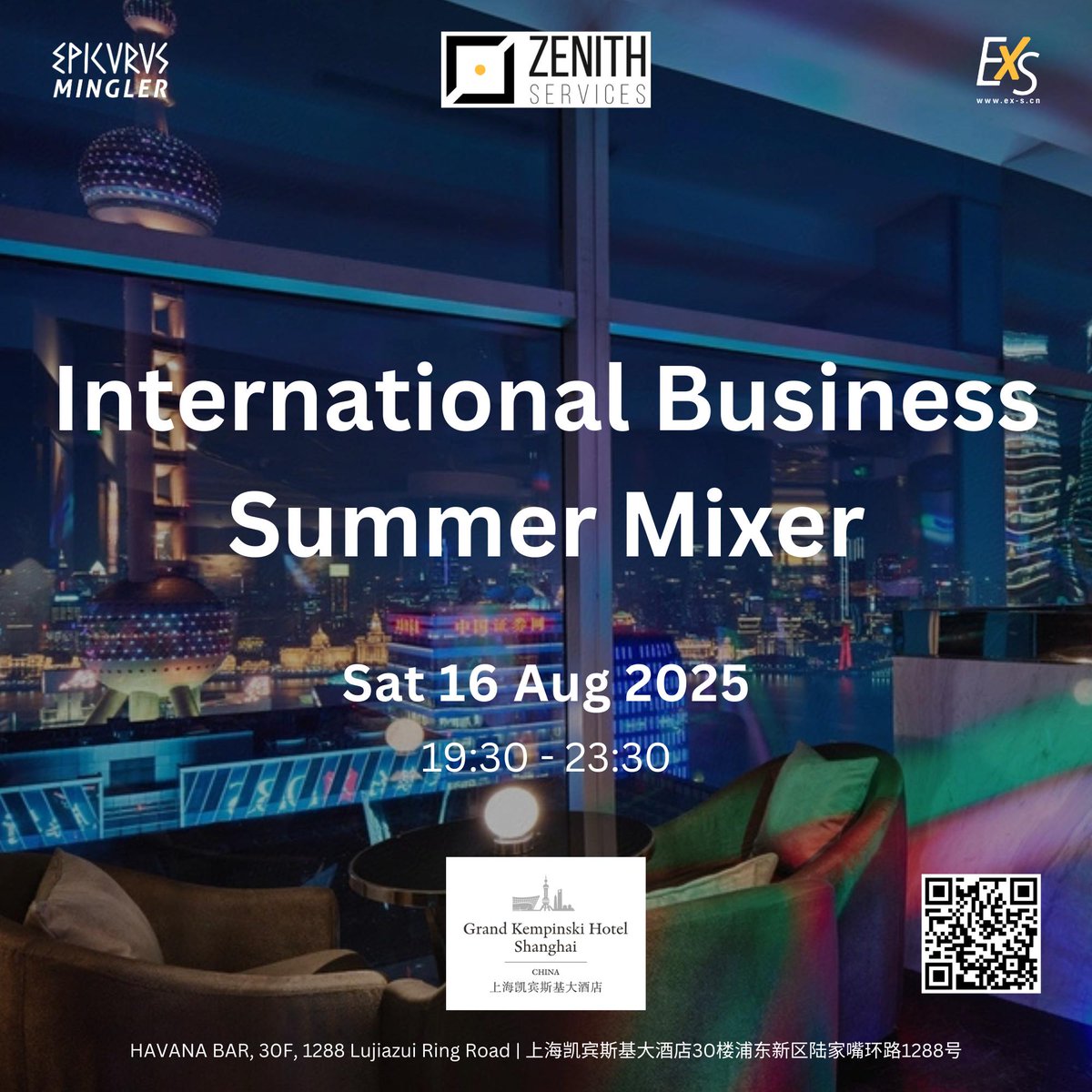 zenith_services's tweet photo. Join us on Saturday, August 16, 2025, at the International Business Summer Mixer, held at Havana Bar, at Grand Kempinski Hotel #Shanghai.

More info &amp; bookings: https://t.co/vyxHa36ILn

#ZenithServices #ExS #EpicurusMingler https://t.co/Rp6WLL1Sje