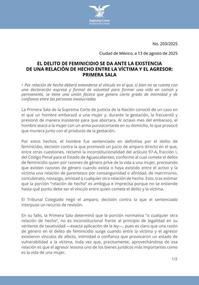 SCJN's tweet photo. La #PrimeraSalaSCJN resolvió que el feminicidio se da ante la existencia de una relación de hecho entre la víctima y el agresor, entendiendo ésta como la unión real que genera cierto grado de intimidad y de confianza entre las personas involucradas.
https://t.co/3k8O628JiZ https://t.co/AbRQiIM8aP