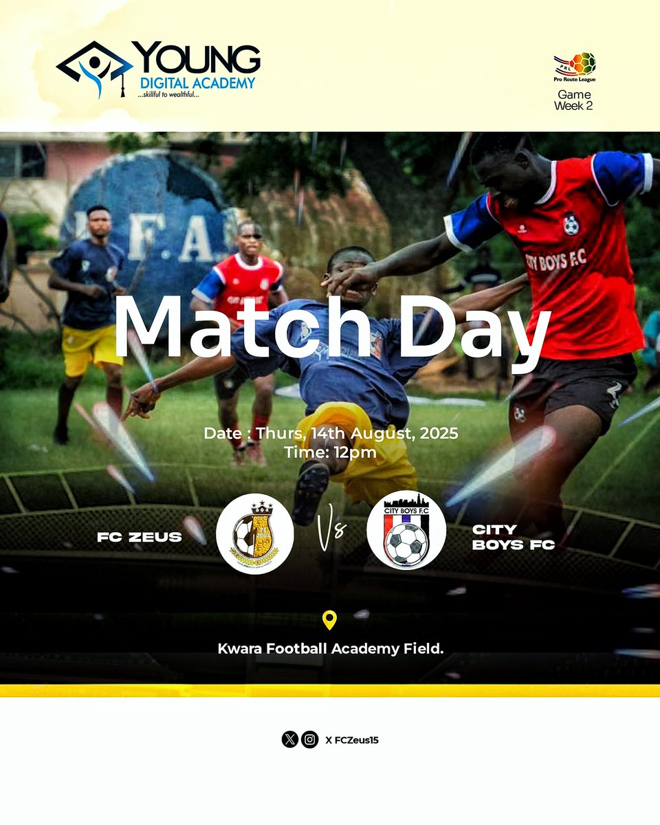 fczeus15's tweet photo. 📍 !!!MATCHDAY!!! 📍

🆚 CITY BOYS FC (HOME)
🗓  THURSDAY 14TH, AUGUST 2025
⏱ 12:00 WAT (12PM )
🏟  KFA PITCH📍

#FCZEUS | #PRL25 | #CmonZeus | #FCZCBY https://t.co/rroid9I87u