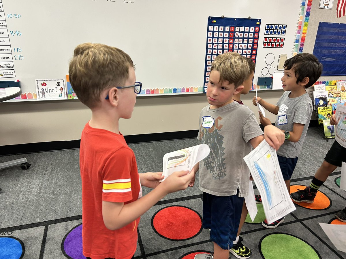 We read How I Spent My Summer Vacation and drew a picture to share either their actual vacation or an exaggerated version!  We are working on our speaking and listening skills!