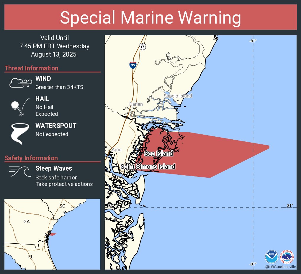 Special Marine Warning including the Coastal waters from Altamaha Sound to Fernandina Beach FL out 20 NM until 7:45 PM EDT