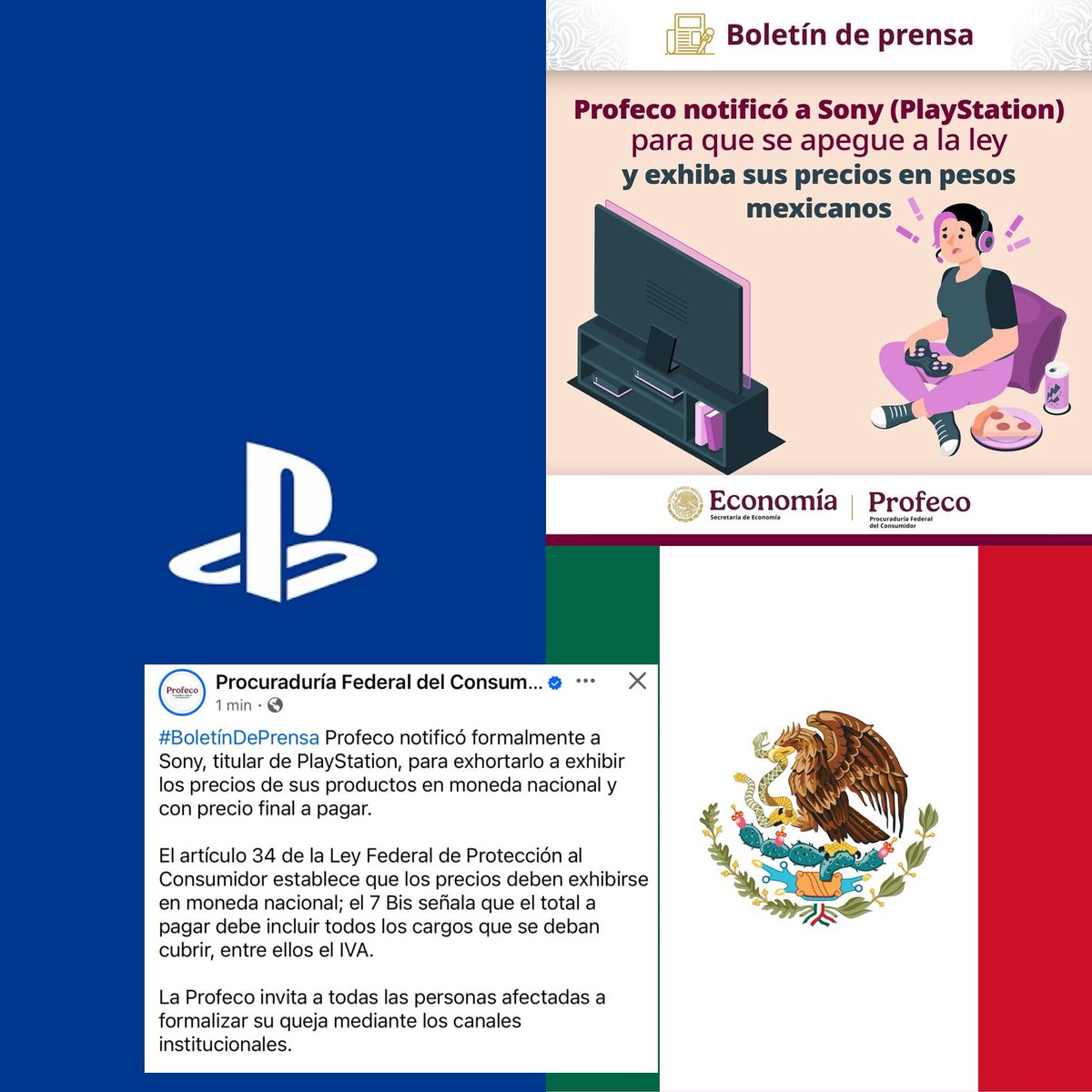 Urgente de último momento: Profeco notificó formalmente a Sony, titular de PlayStation, para exhortarlo a exhibir los precios de sus productos en moneda nacional y con precio final a pagar.

El artículo 34 de la Ley Federal de Protección al Consumidor establece que los precios