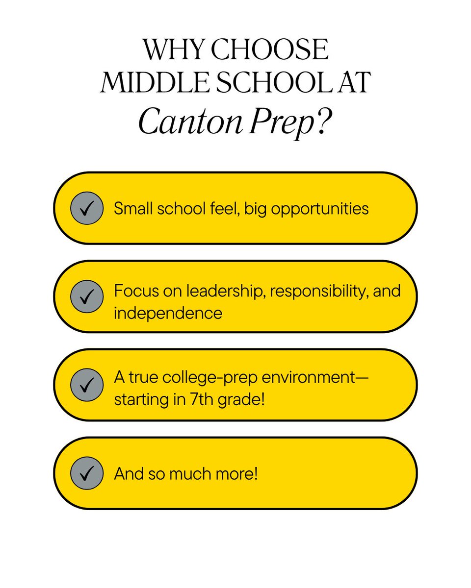 CantonPrep's tweet image. 👋 Ready to make the most of middle school?
Canton Prep offers the perfect place for students to grow, lead, and get a head start on high school success.

Come see what sets us apart!
#CantonPrepMiddle #NowEnrolling #MiddleSchoolMatters