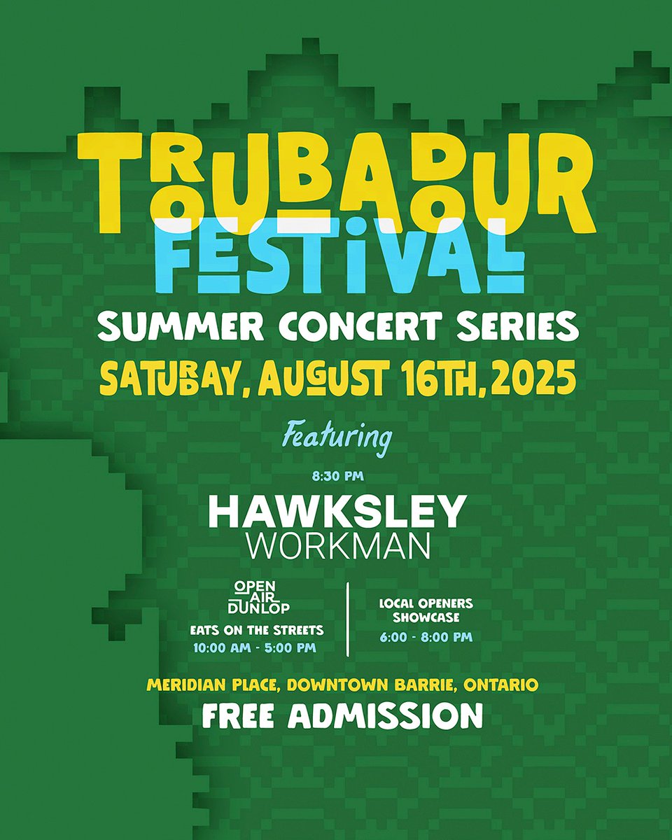 tourismbarrie's tweet image. #DowntownBarrie never tasted so good! 🌮 Eats on the Streets brings $5–$10 plates from local spots, live music  &amp;amp; summer vibes.

📅 Sat 10 AM–5 PM | Local Opener 6 PM | Hawksley Workman 8:30 PM

#OpenAirDunlop #VisitBarrie #TroubadourFestival