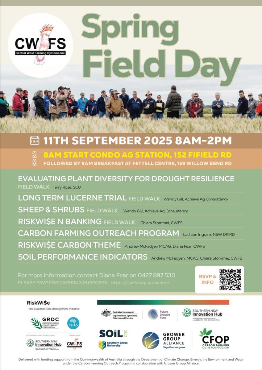 CWFS_Condo's tweet photo. The countdown is on! 🌾
 Only a few weeks to go until the CWFS Spring Field Day, happening Thursday 11th September 2025 from8:00 AM to 2:00 PM.
We’ll kick things off at the Condobolin Agricultural Research & Advisory Station, followed by breakfast and a walk-through of trials at The Fettell Centre.

Come along to: ✔️ See local trial results in action ✔️ Hear project updates relevant to your farm ✔️ Catch up with fellow growers and industry reps

🎟️ Free tickets – but registration is required! Secure your spot now and join us for a valuable day in the paddock.
👉🏽 https://t.co/taKgPXuynC

This event is delivered with funding support from the Commonwealth of Australia through the Department of Climate Change, Energy, the Environment and Water under the Carbon Farming Outreach Program in collaboration with the Grower Group Alliance.

#CarbonFarmingOutreachProgram #CFOP #AustralianFarming #FarmingCarbon #FutureDroughtFund #AusGov #AusAg #droughtresilience #agriculture #SheepAndShrubs #RiskWise #NitrogenDecisions #MixedFarmingTrials  #LucerneManagement #CharlesSturtResearch #SouthernCrossUni #MurdochUni
@DAFFgov @SoilCRC @Gulbali_Institute @SouthernNSWHub @DEECCW @GGA @theGRDC @GRDCNorth @CharlesSturtUni