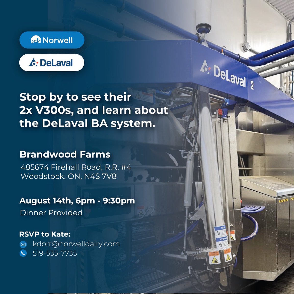 🚨 Don’t miss our Robotic Discovery Evening this Thursday 🚨

Come tour the Duizer family’s barn addition, see two DeLaval V300’s in action, and learn how the Behaviour Analysis System helps take herd management to the next level.

The Duizers started dairy farming in 2013 as new