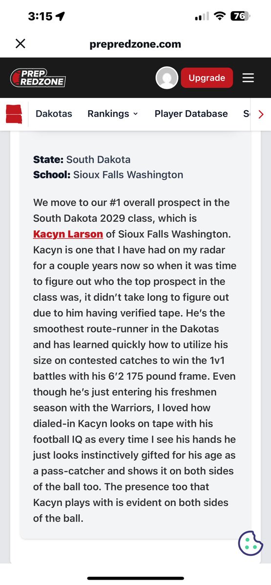 Thank you <a href="/NWahlScouting/">Nate Wahl</a> and <a href="/PrepRedzoneDAK/">Prep Redzone Dakotas</a> for the shout out as the #1 player in SD
<a href="/PrepRedzone/">Prep Redzone 🏈</a> <a href="/WRHitList/">WR Hit List</a> <a href="/WHS_Fball/">Sioux Falls Washington Warriors</a>