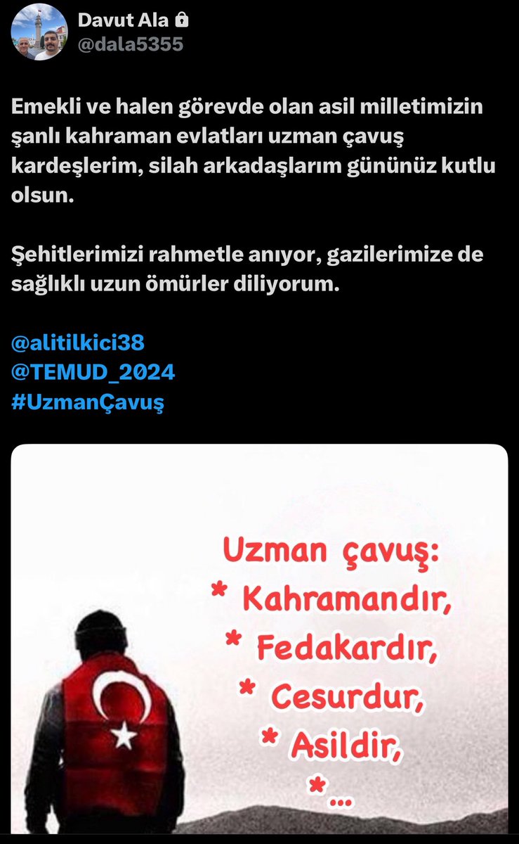 15 Temmuzda Vatan hainlerinden  8 kurşun yiyen ,Uzuvlarını kaybeden 40 ın üzerinde ameliyat geçiren Aziz vatanın Kahraman Evladı Gazi Tümgeneral Davut Ala Komutanımıza sosyal medyadan saldırı yapılıyormuş .
Bir emriyle ölüme giden bedel ödeyenler olarak Komutanımızın yanındayız.