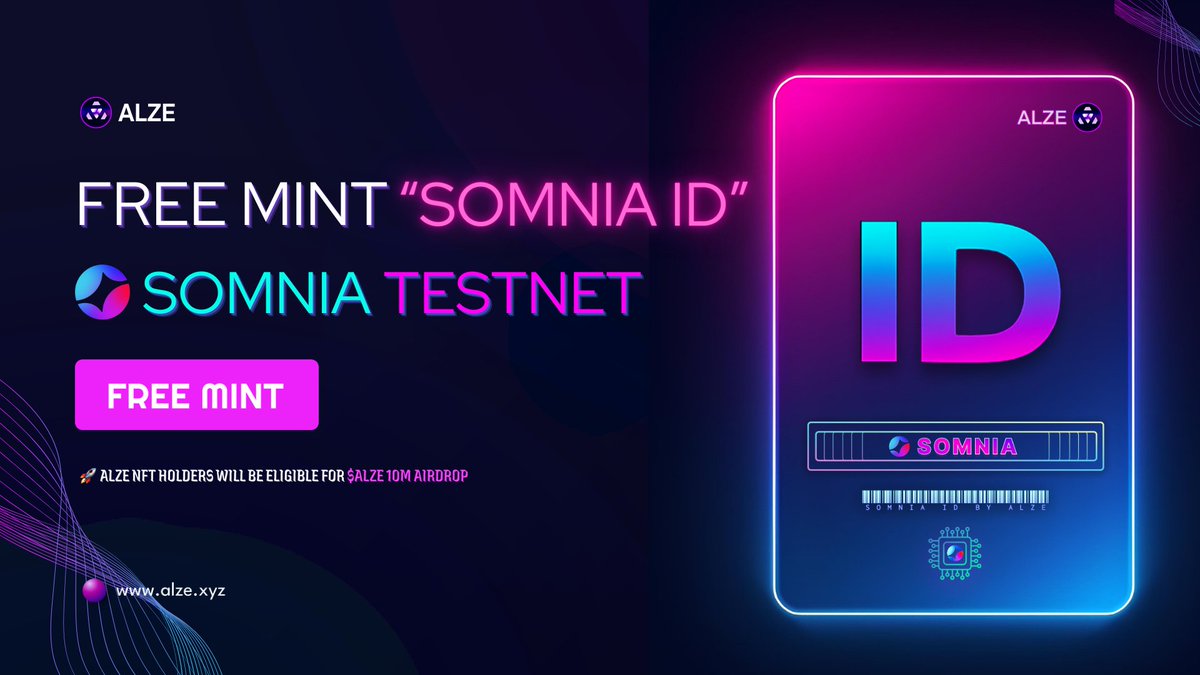 Free MINT "Somnia ID" on Somnia Testnet!
     +10M Somnia Points

🔗alze.xyz/SID

Holders will be whitelisted for Airdrop &amp; 10M Points! 🚀 

RT 🔁Comment wallet address 💬