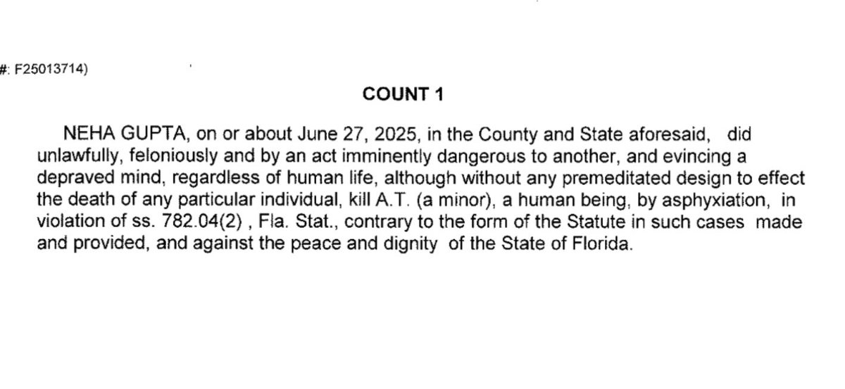 Charge Change: Court documents show Oklahoma doctor, Neha Gupta, is now charged with 2nd Degree Murder. She's accused of staging her daughter's death at a South Florida  vacation rental. Upgraded from manslaughter.  <a href="/wsvn/">WSVN 7 News</a>