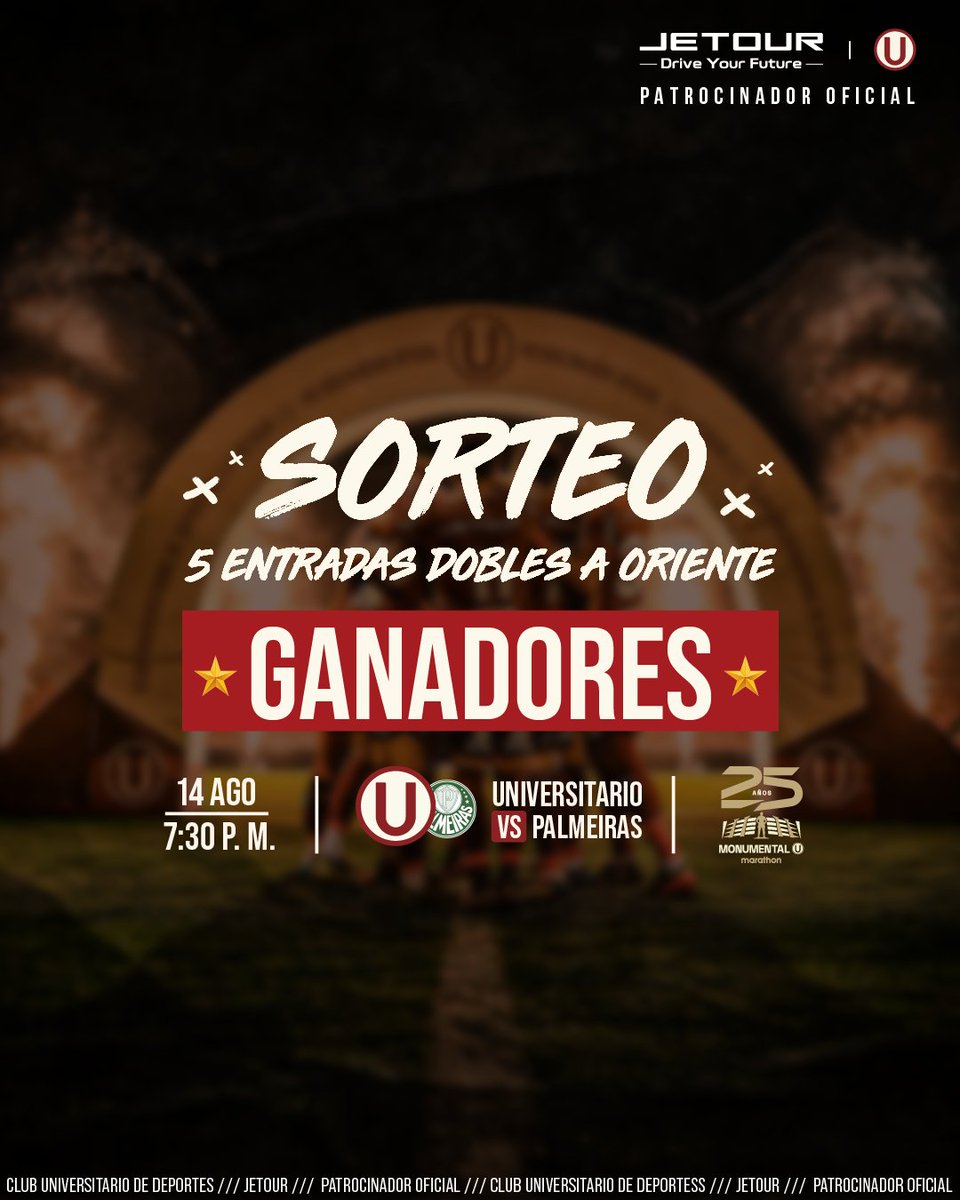 ¡Felicidades a nuestros ganadores de nuestro próximo partido U vs Palmeiras! 🎊🙌
🔸Erica Chavez Orosco
🔸Walter Reynaga
🔸Greta Oct
🔸Julio Tello
🔸Guido Malqui Flores

¡Atentos a sus inbox! ¡Nos vemos en el monumental! ⚽🔥
#YDaleU #YDaleJetoUr #LaGrandezaNosUne