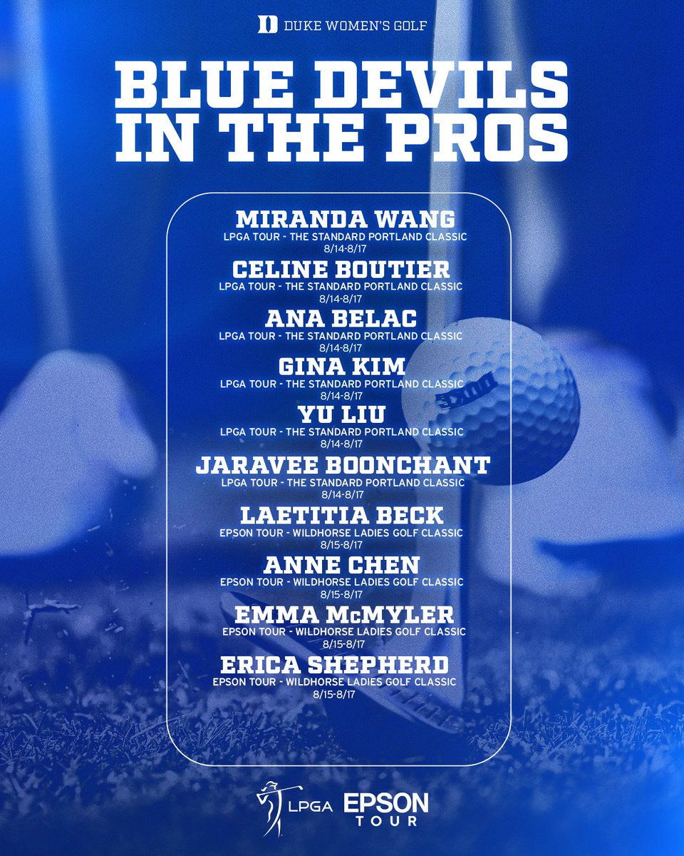 Duke Women's Golf (@dukewgolf) on Twitter photo Blue Devils in the pros this week!! ๐
<a href="/LPGA/">LPGA</a> ๐ goduke.us/4d5ptS2
<a href="/EpsonTour/">Epson Tour</a> ๐ goduke.us/4mgvdgt Blue Devils in the pros this week!! ๐
<a href="/LPGA/">LPGA</a> ๐ goduke.us/4d5ptS2
<a href="/EpsonTour/">Epson Tour</a> ๐ goduke.us/4mgvdgt