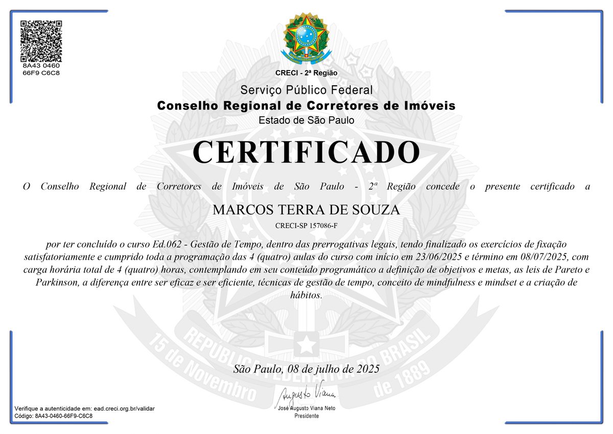 SouzaMortensen's tweet image. Dia feliz e produtivo onde concluí e recebi mais 03 (três) certificados de cursos de atualização profissional pelo Conselho Regional de Corretores de Imóveis de São Paulo. Obrigado ao @portalCRECISP e ao nosso Presidente José Augusto Viana Neto. 
#crecisp #cofeci #ead #cursos