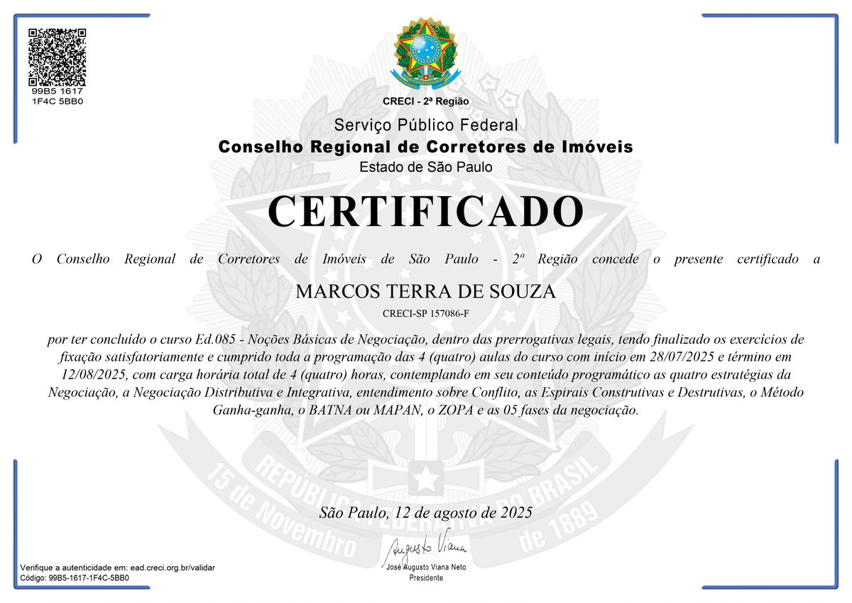 SouzaMortensen's tweet image. Dia feliz e produtivo onde concluí e recebi mais 03 (três) certificados de cursos de atualização profissional pelo Conselho Regional de Corretores de Imóveis de São Paulo. Obrigado ao @portalCRECISP e ao nosso Presidente José Augusto Viana Neto. 
#crecisp #cofeci #ead #cursos