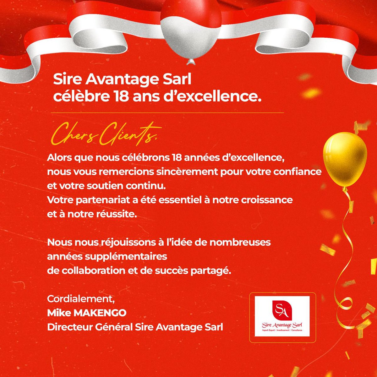 SireAvantage's tweet photo. Heureux 18e anniversaire 🎁 🥳 🎂 à notre société ☺️élévation,succès,réussite toutes les bonnes choses pour notre société @celeste_fficiel @HonoreMvula1 @AllegraFosh2 @AndyBemba @AndyBemba @MikeMakengo https://t.co/ikjDGmLRAl