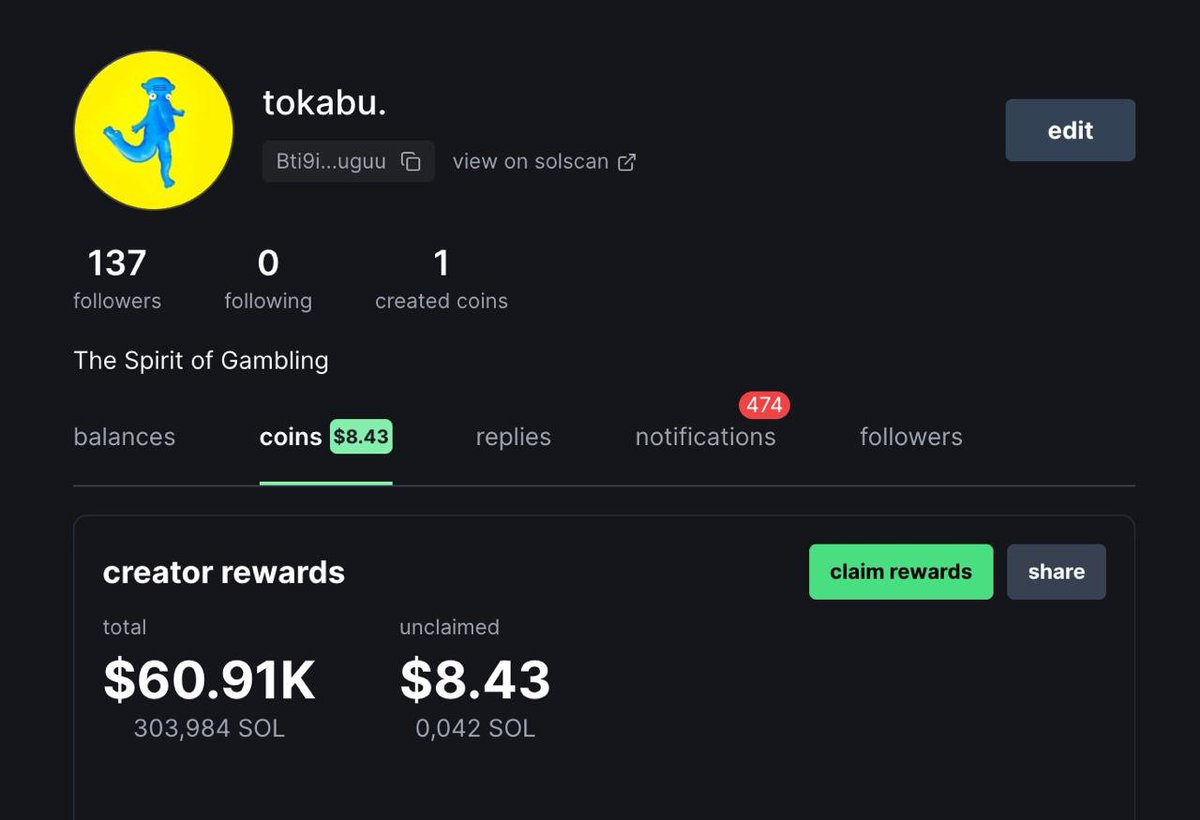 Tokabuのcreator fees収益のスクリーンショット