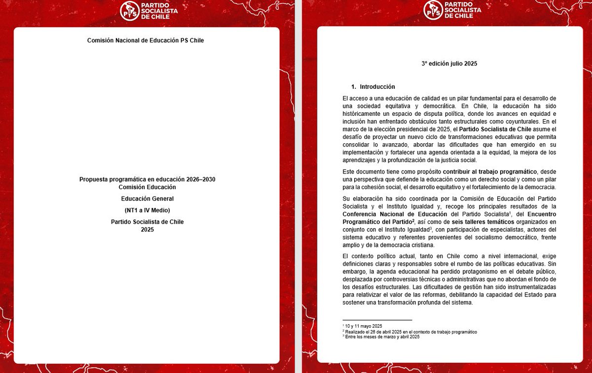 educacionps's tweet photo. 📚 La Comisión de Educación del Partido Socialista, presenta su Propuesta  Programática 2026-2030, respecto a la educación chilena. Documento generado a partir de diversas instancias de reflexión y diálogo 🇨🇱 
✔️ Ver en https://t.co/o536SJg8Zw #Educación @PSChile @jeannette_jara https://t.co/q81UP24VPe
