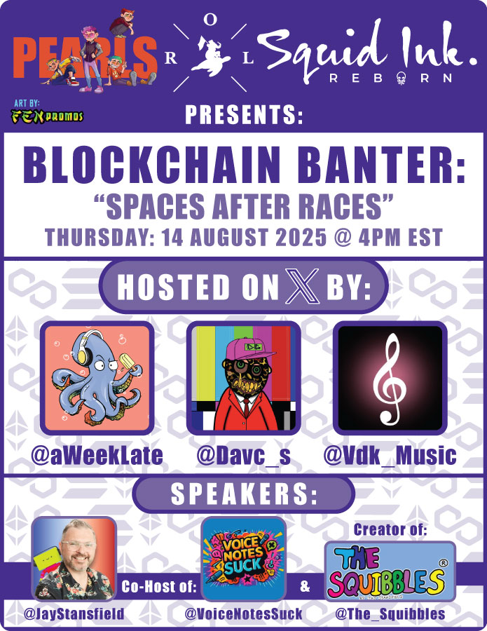 ๐๏ธ A Week Late Podcast ๐๏ธ (@aweeklate) on Twitter photo I will be Co-Hosting #BlockchainBanter: #SpacesAfterRaces w/ my friends <a href="/Vdk_Music/">VDK Music ๐จ๐ฆ</a> & <a href="/Davc_s/">Dave Swinbank</a>!
We are honored to have the Co-Host of <a href="/VoiceNotesSuck/">voicenotessuck</a> & Creator of <a href="/The_Squibbles/">The Squibblesยฎ๐๐</a>, Mr. <a href="/jaystansfield/">Jay Stansfield ๐๐ (OFFICIAL) โจ</a> as a Guest Speaker!
Share the link ๐๐๐ See you there!
x.com/i/spaces/1yoKMโฆ I will be Co-Hosting #BlockchainBanter: #SpacesAfterRaces w/ my friends <a href="/Vdk_Music/">VDK Music ๐จ๐ฆ</a> & <a href="/Davc_s/">Dave Swinbank</a>!
We are honored to have the Co-Host of <a href="/VoiceNotesSuck/">voicenotessuck</a> & Creator of <a href="/The_Squibbles/">The Squibblesยฎ๐๐</a>, Mr. <a href="/jaystansfield/">Jay Stansfield ๐๐ (OFFICIAL) โจ</a> as a Guest Speaker!
Share the link ๐๐๐ See you there!
x.com/i/spaces/1yoKMโฆ