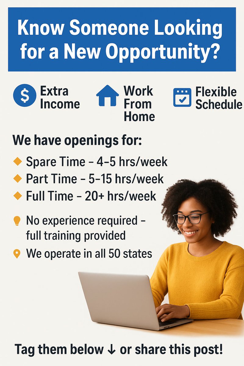 🚀 New opportunity!
💵 Extra income | 🏡 Work from home | 📅 Flexible hours

Spare, part, &amp; full-time openings.
No experience needed — training included.
📍 All 50 states | Background check required

Tag or share ⬇️
#USA #Canada #Hawaii #PuertoRico