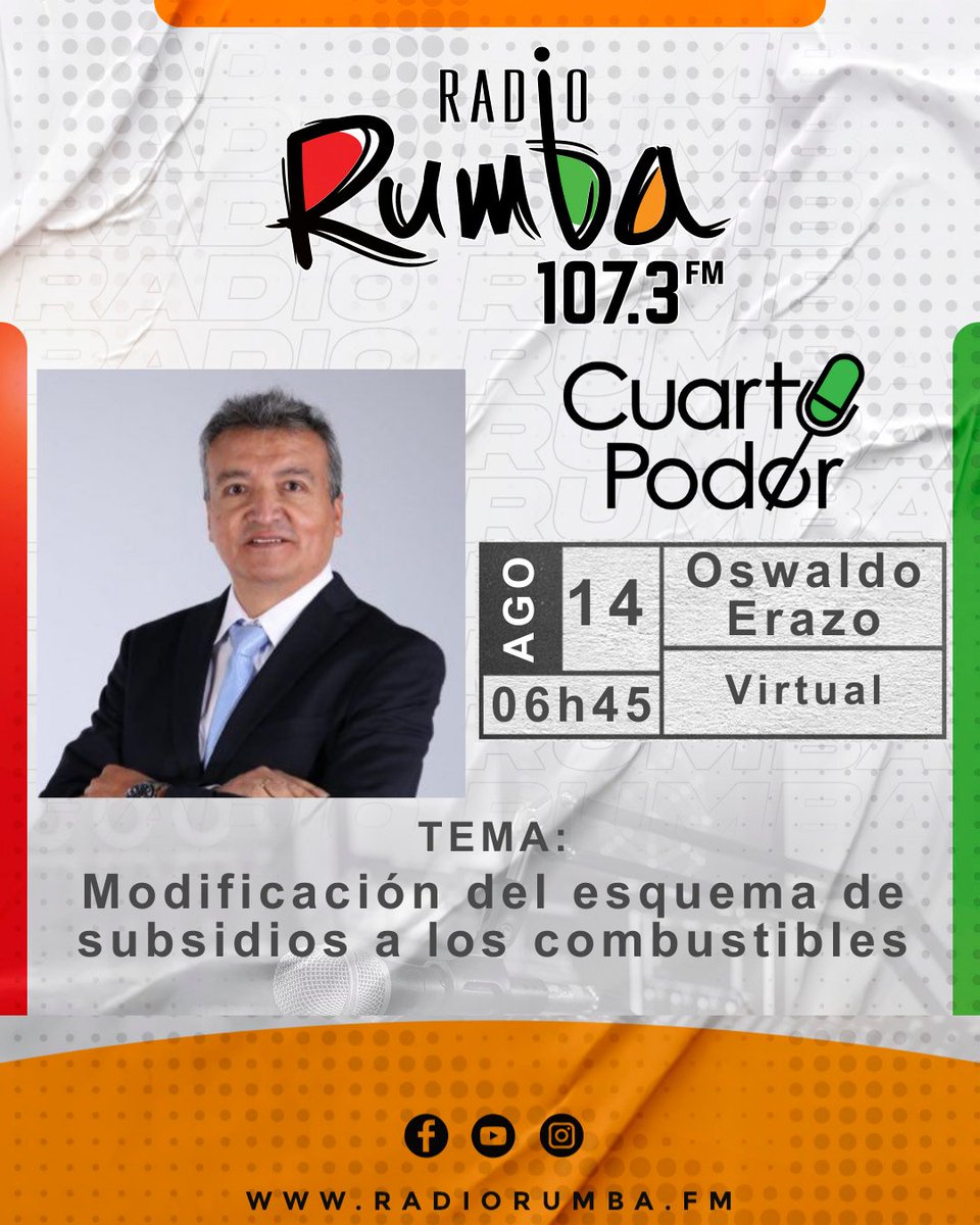 🔴 Mañana en #CUARTOPODER: Ec. Oswaldo Erazo (<a href="/oswaldo_erazoa/">Oswaldo Erazo</a>), Secretario Ejecutivo de la Cámara Nacional de Distribuidores de Derivados de Petróleo (<a href="/camddepe/">CAMDDEPE</a>), con el tema: "Modificación del esquema de subsidios a los combustibles"

🕕 06h45 | 107.3 FM #RadioRumba