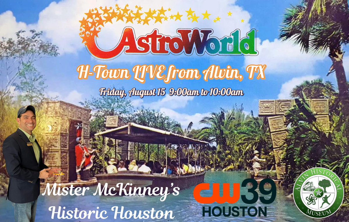 Special 1-hour LIVE program filming on location at the Alvin Historical Museum this Friday, August 15, from 9am-10am. It’s <a href="/CW39Houston/">CW39</a>’s <a href="/maggiesworld/">CW39 Houston Maggie Flecknoe</a> with “H-Town LIVE,” featuring <a href="/mistermckinney/">Mr. McKinney</a> &amp; Friends! We’ll have a peek at the #AstroWorldMuseum exhibit with over 400 items!