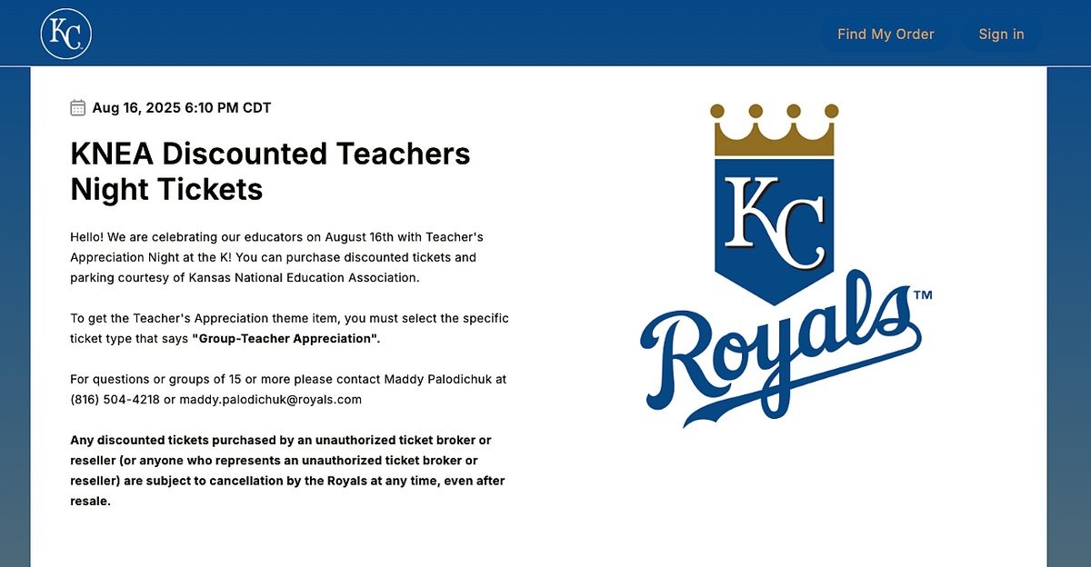 Educators, don't forget to purchase your discounted tickets to see the KC Royals take on the White Sox at 6:10 p.m. Aug. 16. Tickets include a free tote bag for all educators. You can purchase discounted tickets/parking courtesy of KNEA by visiting gofevo.com/event/Knea25.