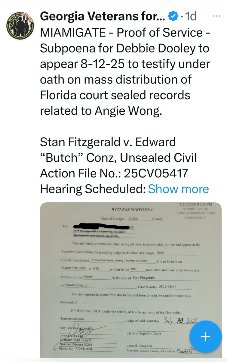 Crimsontider's tweet photo. The affidavit was falsified. 

I never received the subpoena 

Mr. Craig sent it to an address I haven’t lived at in over 2 yrs.

The zip code at my former residence was 30620 

I did appear in court for Butch Conz.

Jared called me to testify and I was more than happy to give testimony..