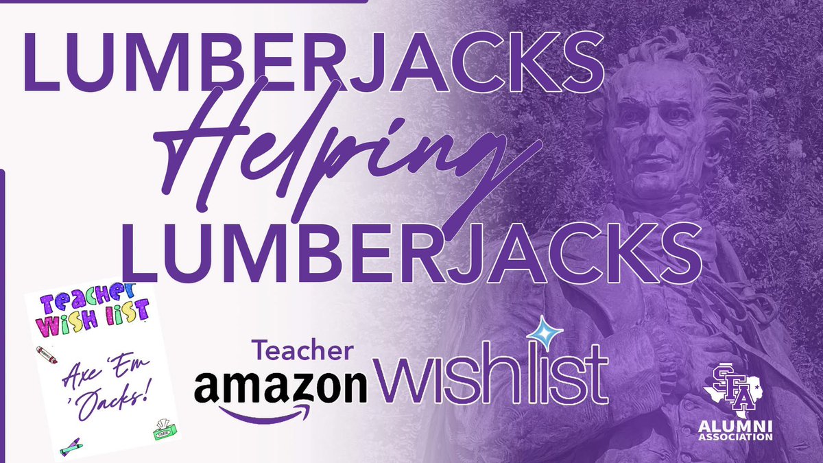 You asked. We're here to help! 🪓📚

Are you an SFA Alumni teacher looking to fill your Amazon school supply wish list? We are all about Lumberjacks helping Lumberjacks! 

Visit our FB page and post your link.

#AxeEm