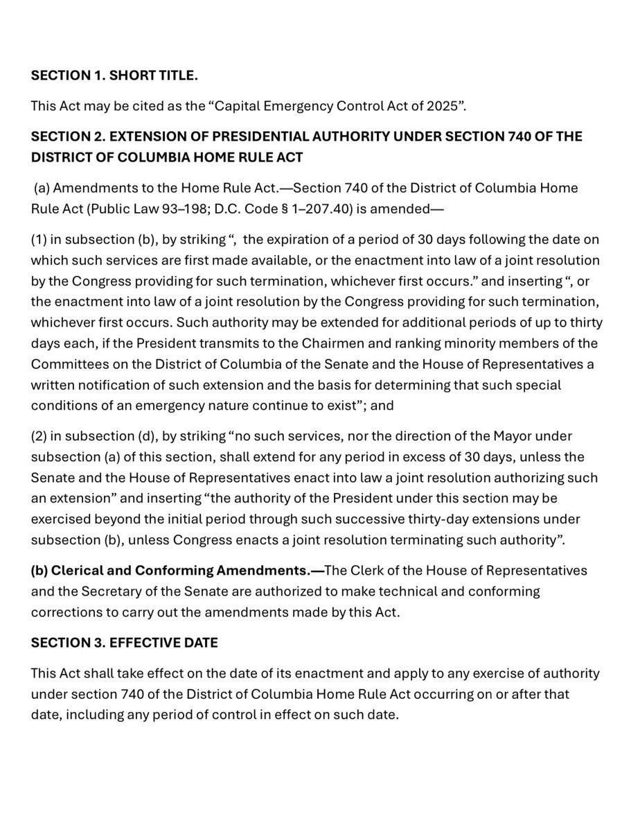 President Trump has rightly declared a national emergency in Washington, D.C.—a city its own government has surrendered to chaos.

Under current law, the President can only federalize D.C. for thirty days.

I’m introducing a resolution to amend the D.C. Home Rule Act so the