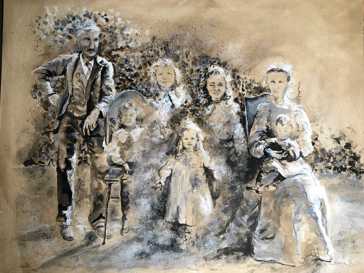 My mother was I believe a very accomplished artist. She was experienced drawing in pencil, charcoal, acrylic and painted oils, watercolor, and others.  This was a drawing she did of her relatives from the early 1900s. 
Unfortunately, I think she suffered a curse many artists do.