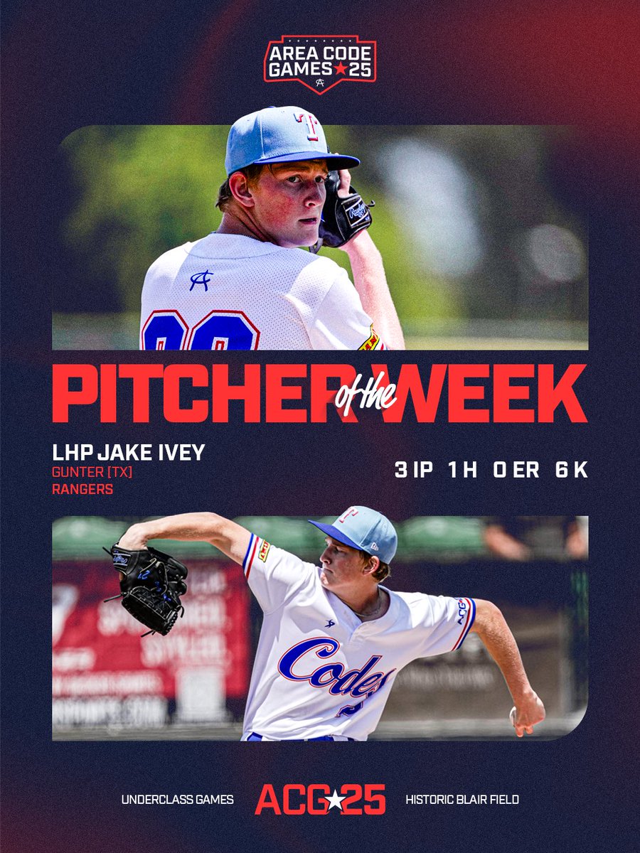 Area Code Baseball (@acbaseballgames) on Twitter photo UC PITCHER OF THE WEEK
💥 <a href="/ivey_jake22/">JakeIvey</a> | <a href="/Rangers/">Texas Rangers</a> 
#ACGames25 UC PITCHER OF THE WEEK
💥 <a href="/ivey_jake22/">JakeIvey</a> | <a href="/Rangers/">Texas Rangers</a> 
#ACGames25