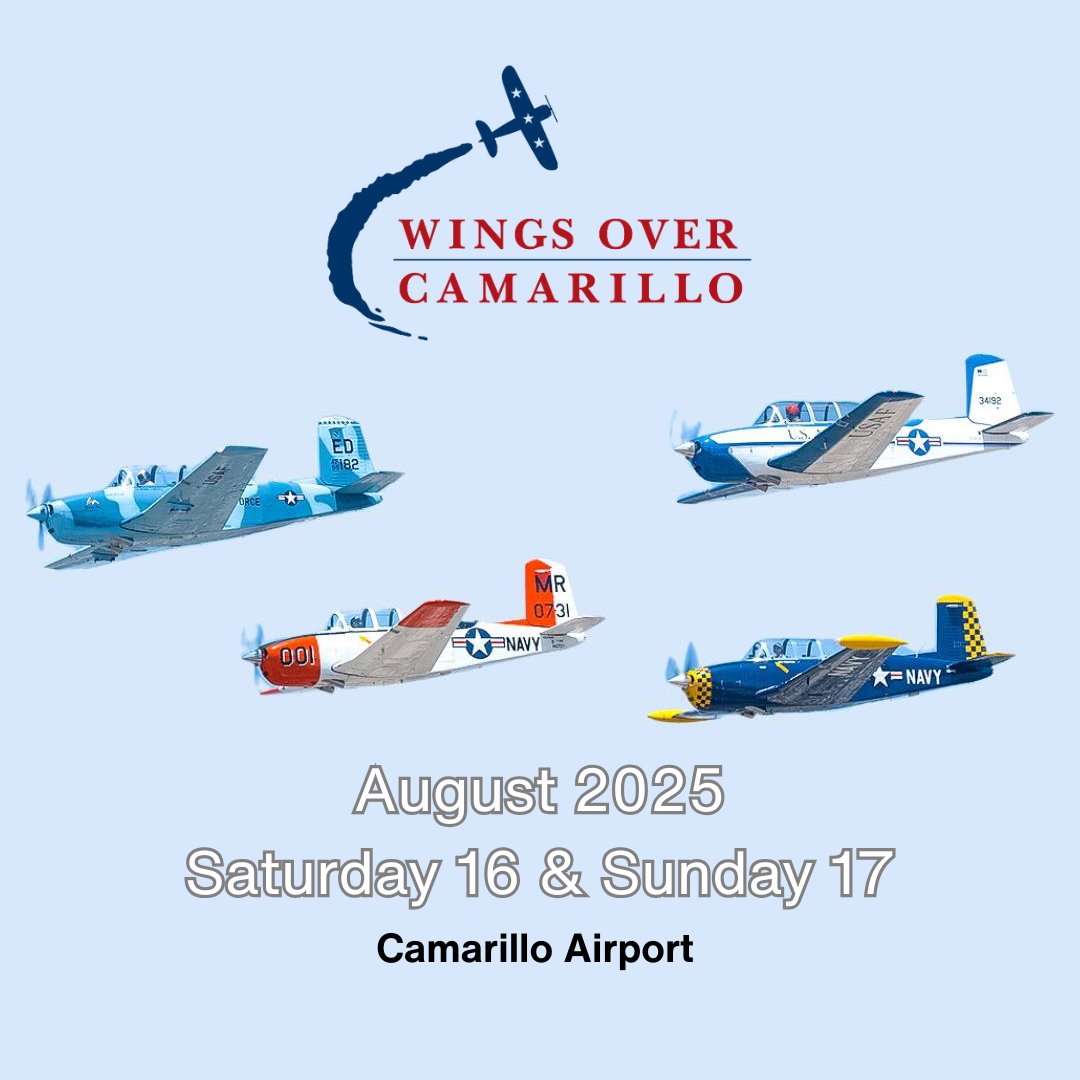 ✈️ Wings Over Camarillo returns this weekend August 16–17!

Experience thrilling air shows, vintage aircraft, classic cars, STEM exhibits, food vendors, and fun for the whole family—right at the Camarillo Airport.

9AM–5PM | Saturday &amp; Sunday

More info: wingsovercamarillo.com