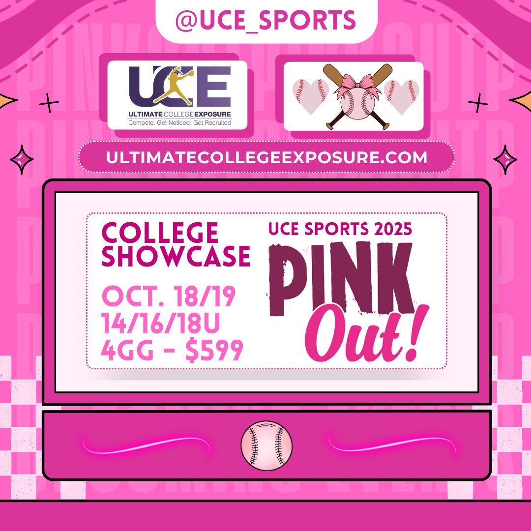 OCTOBER 18/19: LETS PINK OUT
💗💗💗
Check out our PINK OUT showcase this fall for your 14/16/18u squad. Come compete, get noticed, &amp; get recruited by the biggest names in college softball. Register for the Pink Out &amp; any of our Fall 2025 events at ultimatecollegeexposure.com