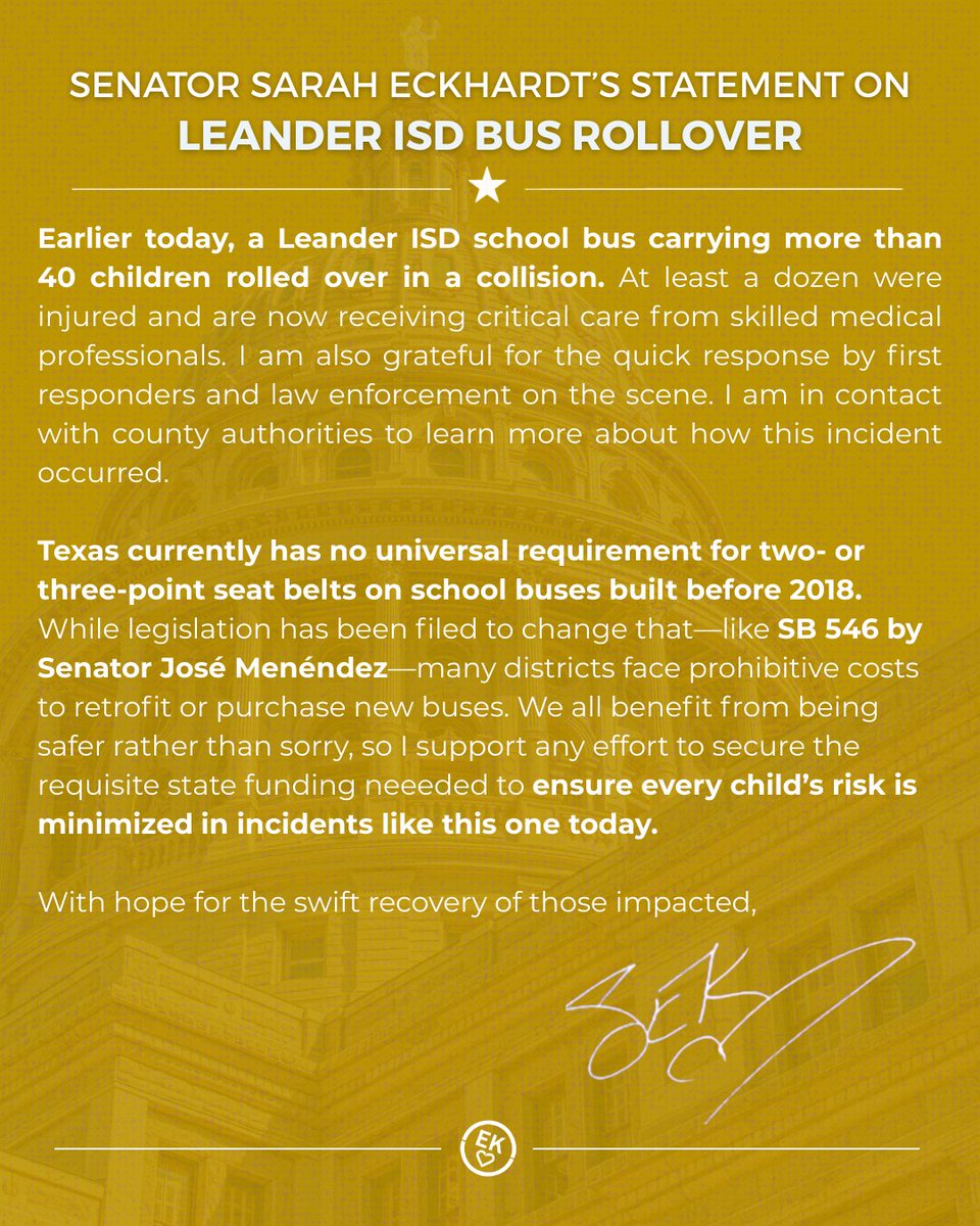 Senator Sarah Eckhardt (@saraheckhardttx) on Twitter photo Thankful no life-threatening injuries or fatalities have been reported from the bus rollover earlier today. I'm committed to ensuring we make efforts to minimize the risk to our children across the state with measures like those proposed by <a href="/Menendez4Texas/">José Menéndez</a>. #txlege #austinstrong Thankful no life-threatening injuries or fatalities have been reported from the bus rollover earlier today. I'm committed to ensuring we make efforts to minimize the risk to our children across the state with measures like those proposed by <a href="/Menendez4Texas/">José Menéndez</a>. #txlege #austinstrong
