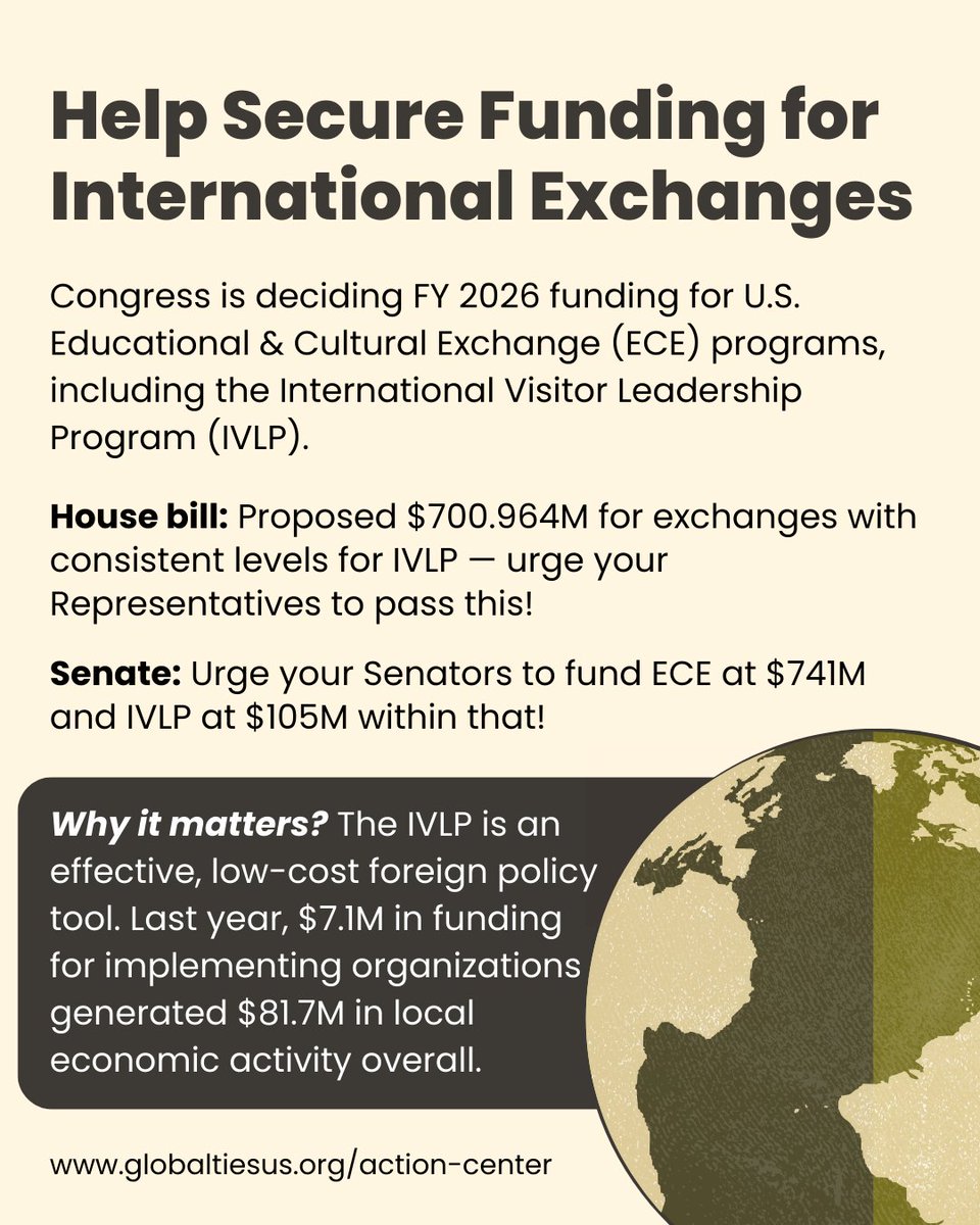 The House has proposed $700.964M in FY 2026 funding for Educational &amp; Cultural Exchange (ECE) programs. Urge your Representatives to pass this bill; &amp; urge your Senators to fund ECE at $741M &amp; #IVLP at $105M within that in their version of the bill. Go to globaltiesus.org/action-center
