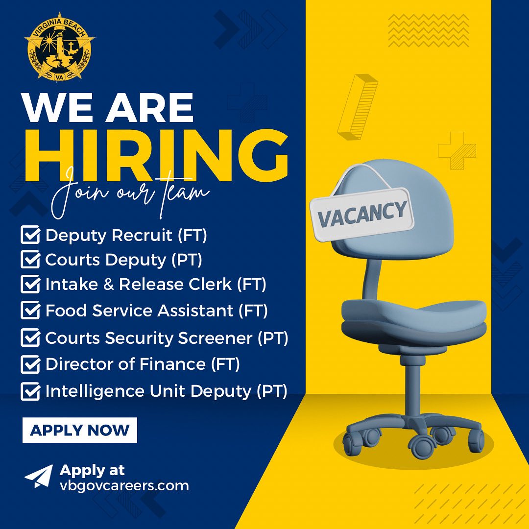 Looking for your next job? Look no further. Join Team VBSO and discover your best potential. Details at vbso.net/sworn-positions.

Civilian positions: vbso.net/civilian-posit….

#JoinTeamVBSO #NowHiring #VirginiaBeachJobs #VBSheriffsOffice #VirginiaBeach