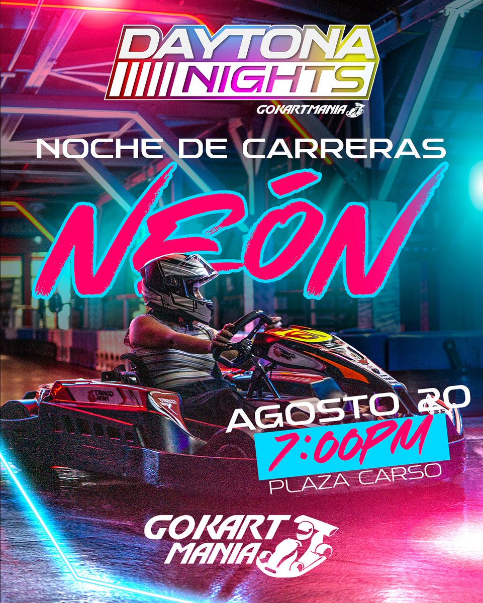 🏁🌙 Las carreras más divertidas son en la noche.🤩
Llantas ardiendo, curvas desafiantes y la adrenalina encendida al ritmo del DJ.
💥 ¿Estás listo para romper el asfalto en Daytona Nights?

📍 GoKartManía
📅 Agosto 20, a partir de las 7pm
🎟️ Cupos limitados