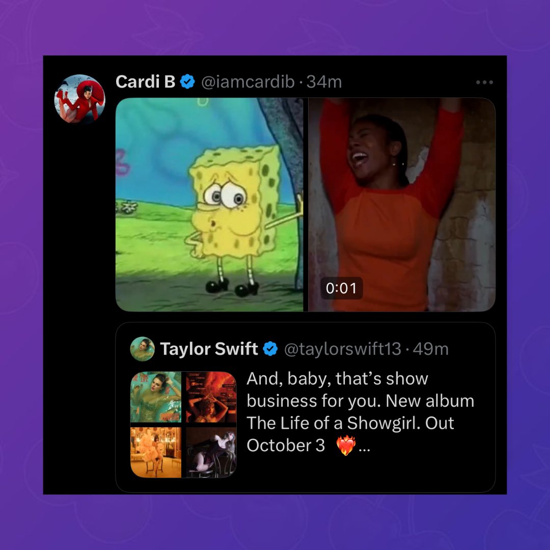 Cardi B reacts to Taylor Swift’s album release date for ‘The Life of a Showgirl’ coming after her sophomore album ‘AM I THE DRAMA?’