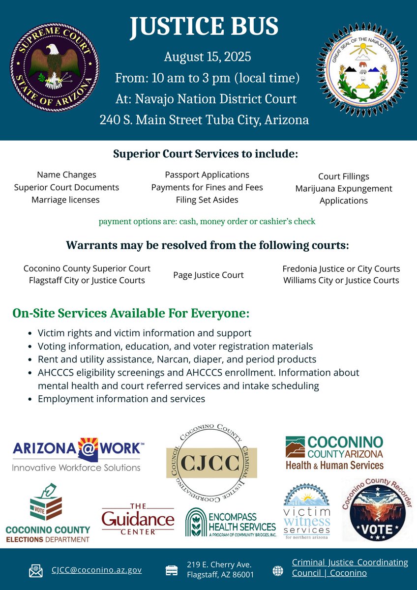 CoconinoCounty's tweet image. The Justice Bus is coming to Tuba City this Friday! Do you need a name change, marriage license, passport application, voter registration materials, employment services, AHCCCS assistance, or warrant resolved? The Justice Bus can help with that and more. 

Coconino County is…