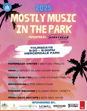 Only two concerts remain in the Mostly Music in the Park series! The Pioneer Squares play classic rock this Thursday, Aug. 14, and Prom Date Mixtape brings '80s new wave on Aug. 21. Enjoy music, food trucks, and kids' crafts.