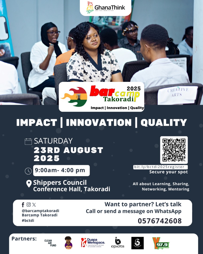 Join a network of change-makers, doers, and entrepreneurs @ #BarcampTakoradi 2025. 
Saturday, August 23 @ Shippers Council Conference Hall, #Takoradi from📷9am-4pm. 
Register: bit.ly/bctdi2025regis…

Organized by #GhanaThink's #BarcampGhana. 
#bctdi #TakoradiKonnect