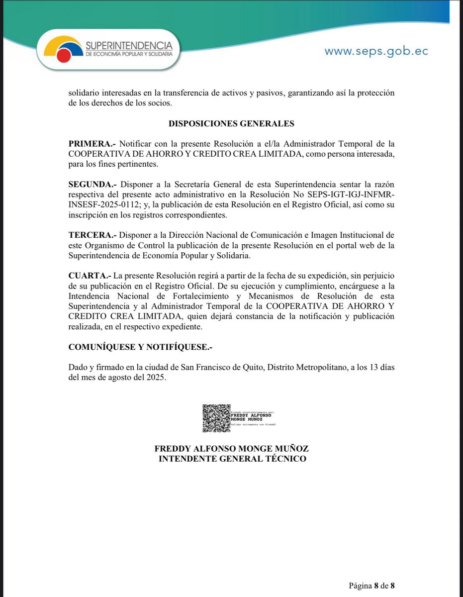 acastropiedra's tweet photo. 📌El perjuicio a los miles de socios de la Cooperativa #CREA no va a quedar impune.
A través del proceso de fiscalización que llevamos adelante nos han confirmado desde la @SEPS_Ec que, a más del pago de hasta USD $ 32.000 que la COSEDE cancelará a los perjudicados este mes, también se pagará al grupo de afectados por sobre este monto.
Por pedido de los ahorristas se le ha dado una prórroga de 7 días al administrador temporal para que concluir las gestiones y acuerdos necesarios con las entidades del sector financiero popular y solidario interesadas en la transferencia de activos y pasivos, y así se garantice y resguarde el dinero de los depositantes.
Pero esto no basta. 
Hemos conocido además que existen ya acciones interpuestas en la Fiscalía para que los que provocaron este perjuicio enfrenten a la justicia y vigilaremos que así sea.