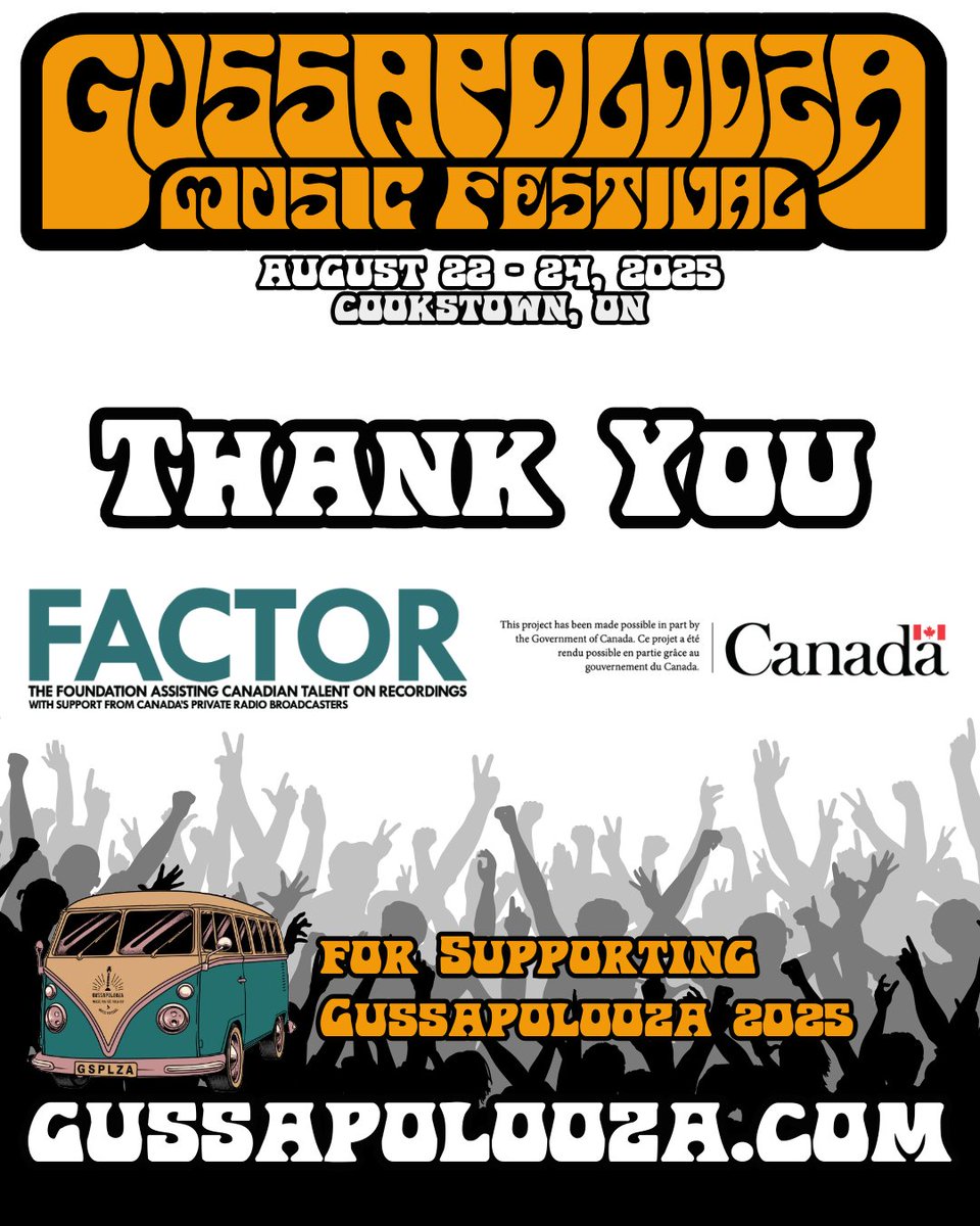 gussapolooza's tweet image. 📣 We would like to thank @FACTORCanada for funding provided for Gussapolooza Music Festival 2025! 

🎶 Gussapolooza Music Festival 
August 22-24, 2025
Cookstown, Ontario
gussapolooza.com 
🏕 Weekend Passes include tent camping! 
🤸‍♀️ Kids 12 &amp;amp; Under are FREE!

#factorfunded