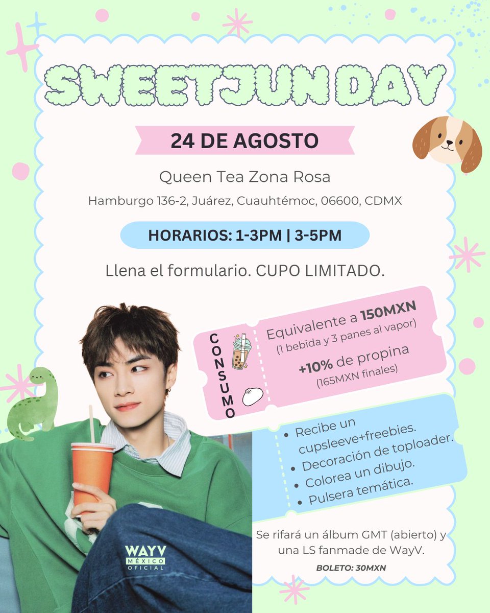 💚CUPSLEEVE EVENT: SWEETJUN DAY 💚

WayZenNi, Kuanggong, Gousi de CDMX ¿te quedaste con ganas de celebrar el cumpleaños de Xiaojun? ¡El momento ha llegado! Te invitamos a nuestro evento para festejar a nuestro querido Junjun 🐶

📅 Domingo 24 de agosto
📍 Queen Tea Zona Rosa