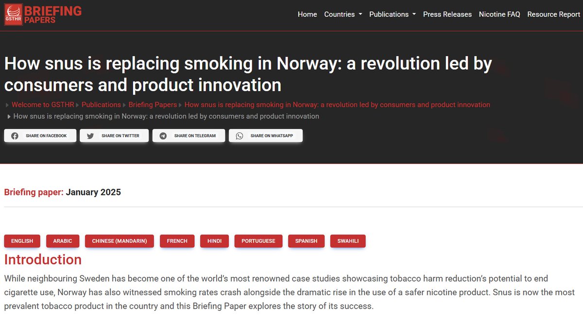 Our Briefing Paper "How #snus is replacing #smoking in #Norway: a revolution led by consumers and product innovation" is now available in #Arabic, #Chinese (#Mandarin), #English, #French, #Hindi, #Portuguese, #Spanish and #Swahili.
 
Translations here: gsthr.org/resources/brie…