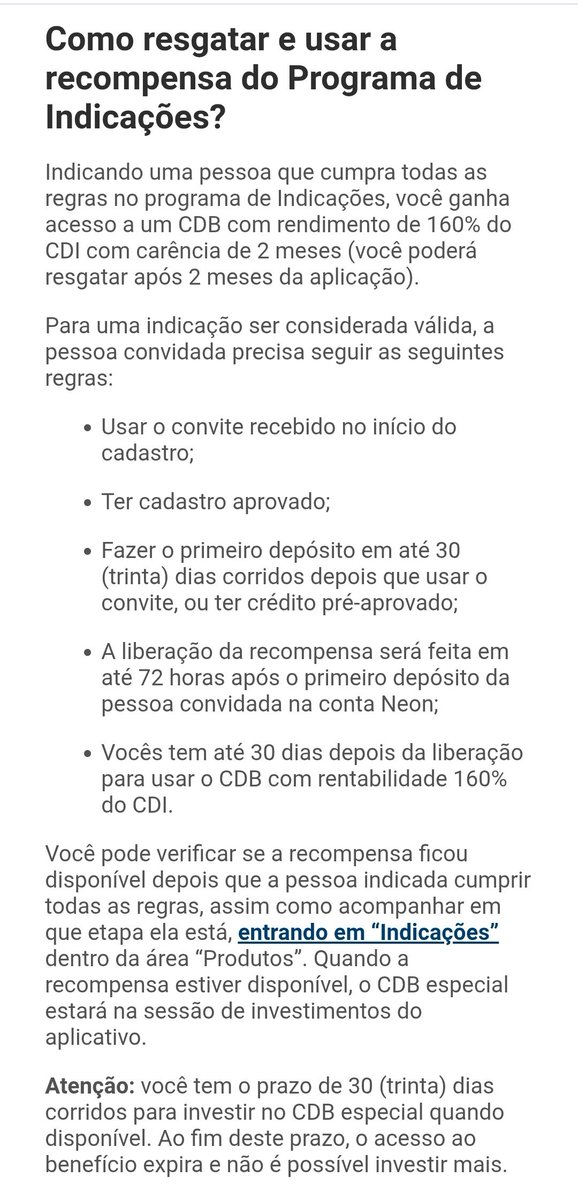NandoStHannah's tweet photo. CDB Neon - 160% do CDI
Código de Indicação: FERNA9165922

1. Como resgatar e usar a recompensa do Programa de Indicações;

2. Recebi um convite. Como usar? https://t.co/eCskwABLaa