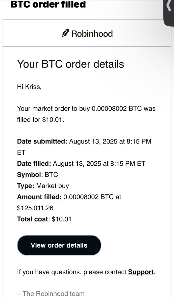 Ha! I just got $10 worth of Bitcoin at $125,000 on Robinhood. I bought the  top!