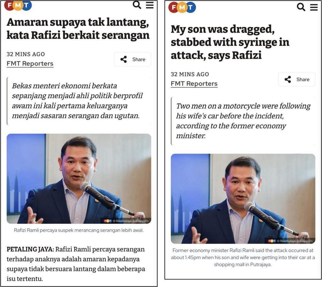 Ummi Hafilda dulu dah bagi warning, kejahatan Politik sekor tu. Hari ini Rafizi pulak kena. 

Harap beri pengajaran pada semua. 
Terutama menteri mata jegil. 😎

Saya doakan saudara Rafizi Ramli dan keluarga beliau dilindungi Allah dari sebarang kejahatan.